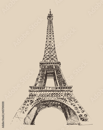 Fototapeta na wymiar Eiffel Tower in Paris architecture, engraved illustration