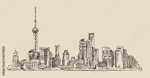 Fototapeta na wymiar China, city architecture, vintage illustration, engraved style