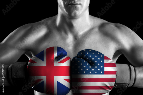 Fototapeta na wymiar B&W fighter with UK and USA color gloves