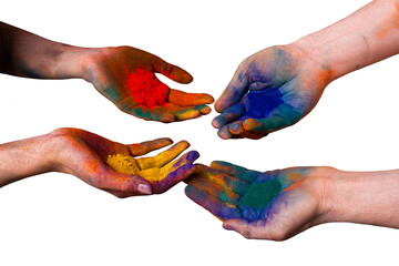 Colorful painted hands, holding holi isolated