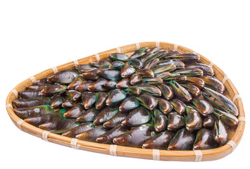 Wall Mural - A  group of mussel in a wicker tray over white background