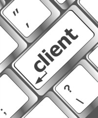 Poster - customers service. button on modern computer keyboard clients