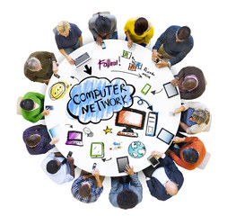 Fototapete - People Using Digital Devices with Computer Network