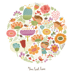 Fototapete - Floral background with cute fairies