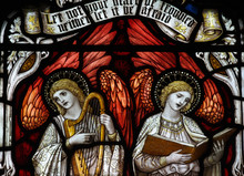 Two Angels Making Music And Singing In Stained Glass