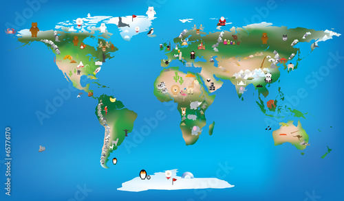 Plakat na zamówienie world map for childrens using cartoons of animals and famous lan