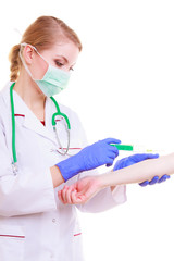 Wall Mural - Hands of doctor nurse with syringe giving injection to patient