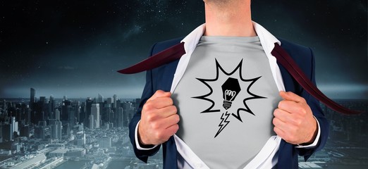 Poster - Composite image of businessman opening shirt in superhero style