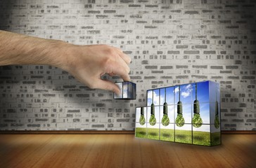 Poster - Composite image of hand building wall