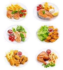 Wall Mural - plates of various meat, fish and chicken