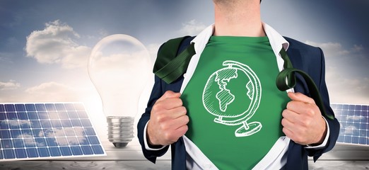 Poster - Composite image of businessman opening shirt in superhero style