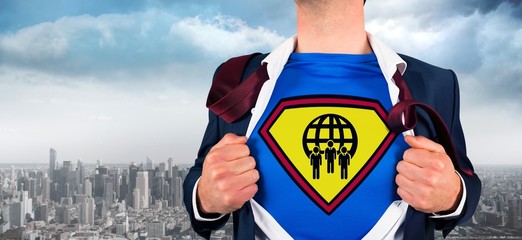Poster - Composite image of businessman opening shirt in superhero style