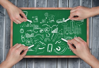 Poster - Composite image of multiple hands drawing brainstorm with chalk