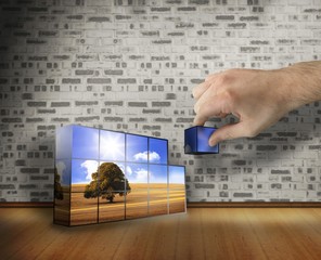 Poster - Composite image of hand building wall