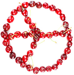 Wall Mural - Sweet cherries making peace sign, isolated on white