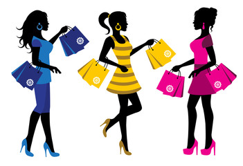 Wall Mural - three elegant female silhouette with shopping bags