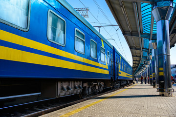 Train on the modern railway station