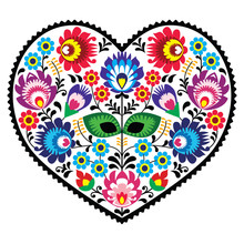 Polish Folk Art Art Heart With Flowers - Wzory Lowickie
