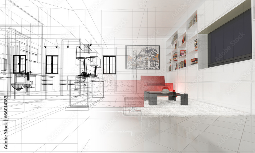 Appartamento, Rendering 3d progetto, interni - obrazy, fototapety, plakaty 