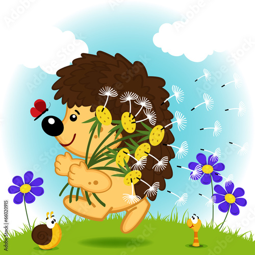 Naklejka na szybę hedgehog with dandelions - vector illustration, EPS