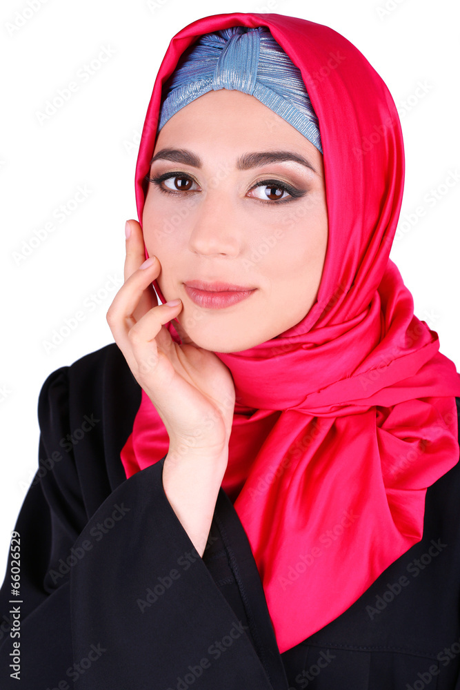 Beautiful muslim arabic woman on grey background