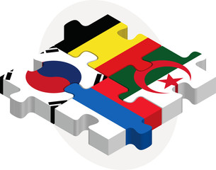 Belgian, Algerian, Russian and South Korean Flags in puzzle isol