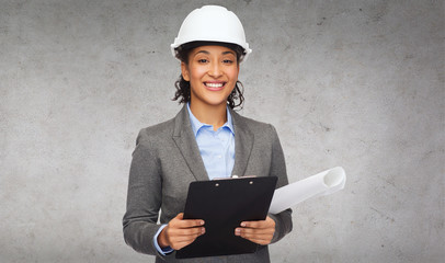 Poster - businesswoman in white helmet with clipboard