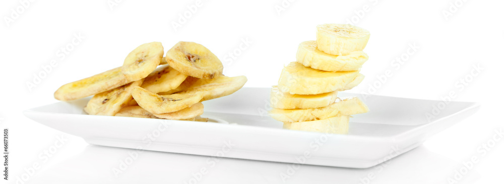 Fresh and dried banana slices, isolated on white