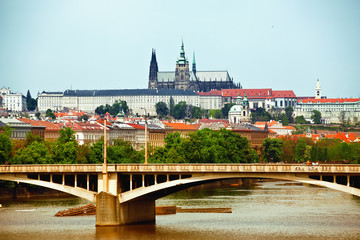 Canvas Print - View to Prague castle and bridge