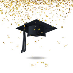 graduate cap and confetti