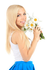 Poster - Young beautiful woman with flowers isolated on white