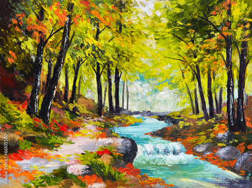 Naklejka dekoracyjna oil painting landscape - river in autumn forest