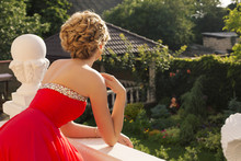 Glamour Blond Woman In Elegant Dress Posing At Luxury Villa
