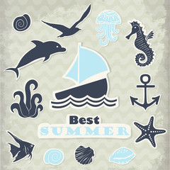  Vector stickers of marine subjects in blue tones