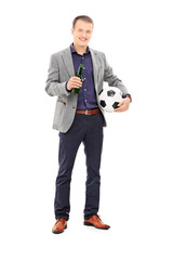 Poster - Man holding a beer bottle and a football