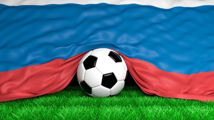 Wall Mural - Soccer ball with Russian flag on football field closeup