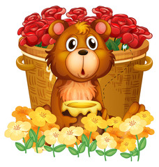 Wall Mural - A bear in front of the basket with red roses