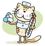 cartoon cat - veterinarian with thermometer and pills