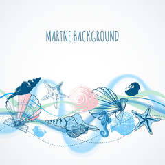 Poster - Sea waves background, shells and marine life