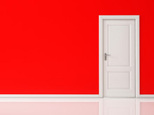 Closed White Door On Red Wall, Reflective Floor