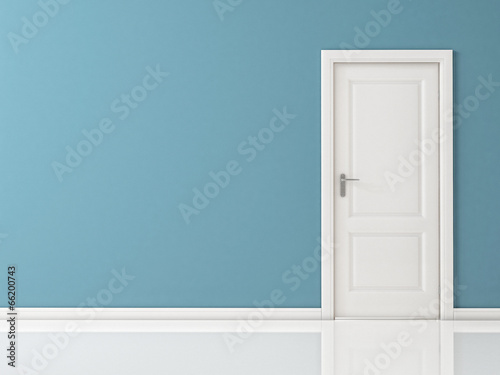 Fotografía Closed White Door on Blue Wall, Reflective Floor