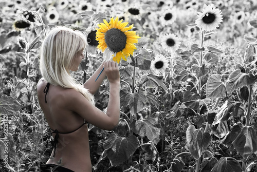 Naklejka na szybę The blond girl painting the sunflower field in the colors