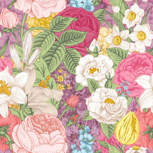 Seamless Vector Vintage Pattern With Garden Colorful Flowers.