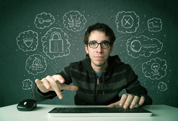 Aufkleber - Young nerd hacker with virus and hacking thoughts
