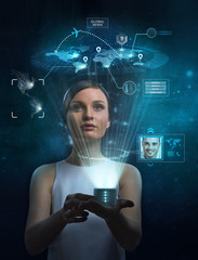 businesswoman works touch screen