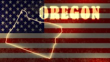 Neon Shining Outline Map Of The Oregon On Usa Flag Backdrop