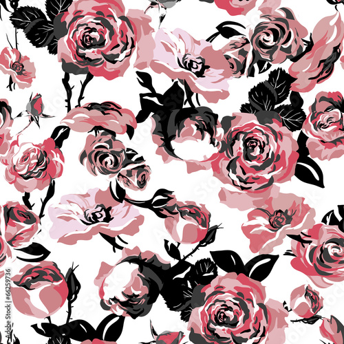 Fototapeta na wymiar Monochrome Seamless Pattern with Vintage Roses