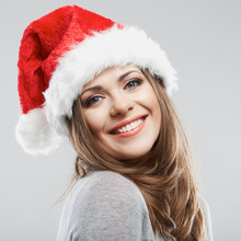 Beautiful Young Woman Santa Claus Hat Close Up Face Portrait.