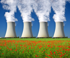 Wall Mural - Nuclear power plant with poppy field