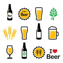 Beer Colorful Vector Icons Set - Bottle, Glass, Pint